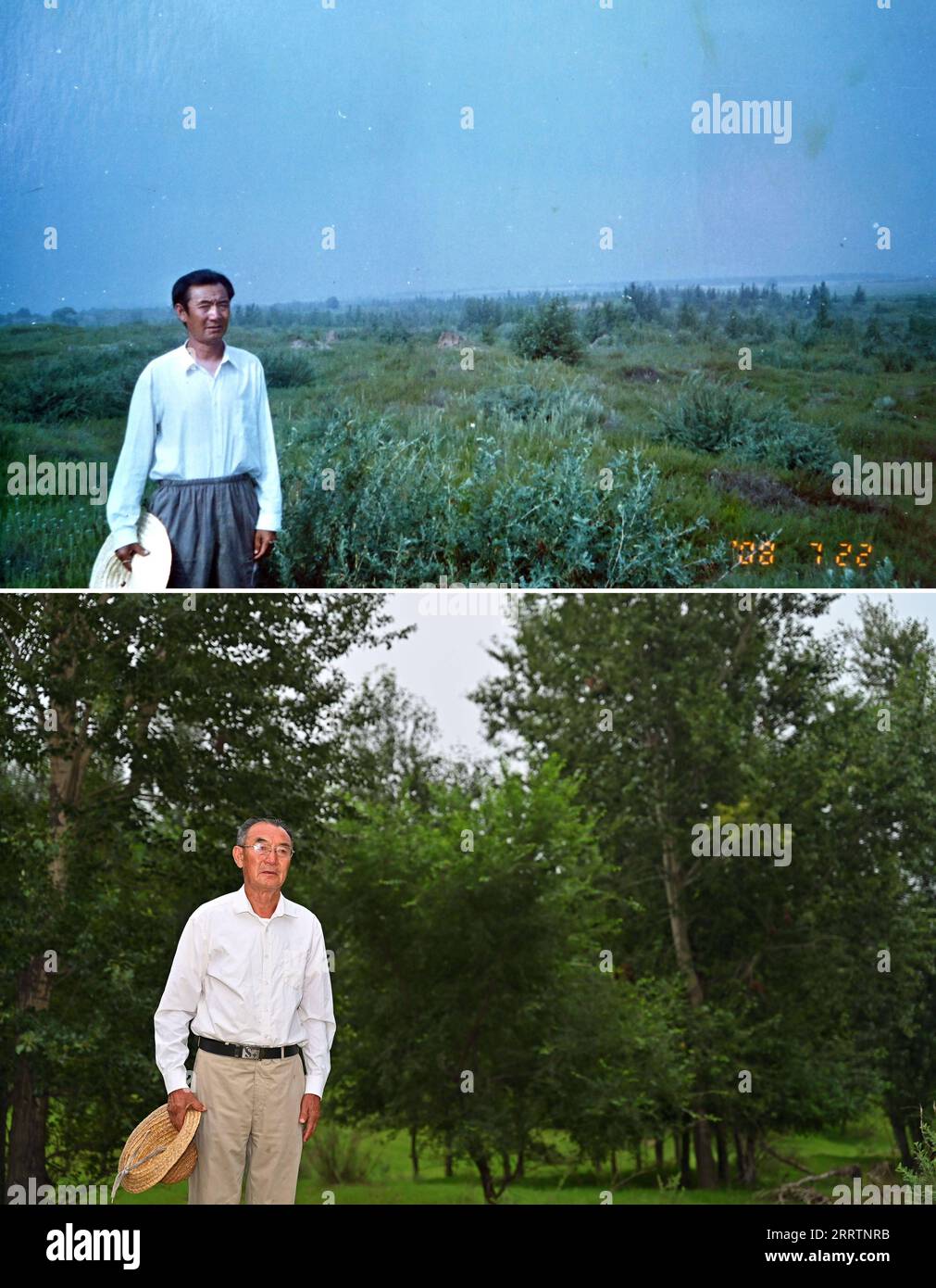 230803 -- TONGLIAO, 3. Aug. 2023 -- dieses Kombi-Foto zeigt Bai Shun, der sich für Fotos in Bulteger Gacha, Horqin linksflügeliges hinteres Banner der Stadt Tongliao, Nordchinas Autonome Region Innere Mongolei im Jahr 2008, posiert. Datei Foto und er posiert für Fotos vor einem Wald in Bulteger Gacha, Horqin linkes Flügel Hinteres Banner von Tongliao Stadt, Nordchina Innere Mongolei Autonome Region, 2. August 2023 unten, Foto von Xinhua Fotograf. Bulteger Gacha, ein kleines Dorf in Horqin im linken Flügel hinter dem Banner der Stadt Tongliao, lag im Zentrum des Horqin Sandy Landes und litt früher unter Wüste Stockfoto