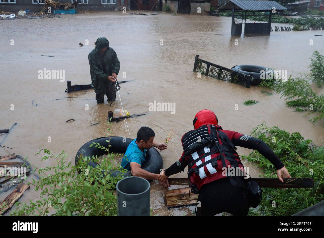 230804 -- HARBIN, 4. Aug. 2023 -- Feuerwehrleute retten einen gestrandeten Dorfbewohner im vom Hochwasser betroffenen Dorf Wanshan der Stadt Yimianpo in der Stadt Shangzhi, Harbin, nordöstliche Provinz Heilongjiang, 4. Aug. 2023. Als schwere Regenfälle die Stadt Shangzhi trafen und der Anstieg des Mayi-Flusses zu Wassereinschlag in Teilen der Stadt führte, sind Mitglieder der Harbin-Waldfeuerwehr mit Rettungsaufgaben wie der Böschung in Überschwemmungsgebieten und der Evakuierung von gestrandeten Bewohnern betraut. CHINA-HEILONGJIANG-SHANGZHI-FLUTRETTUNG CN XINHUA PUBLICATIONXNOTXINXCHN Stockfoto