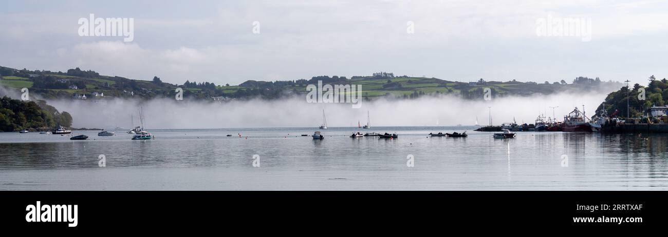 Die Nebelbank mündet in Glandore Harbour, West Cork, Irland Stockfoto