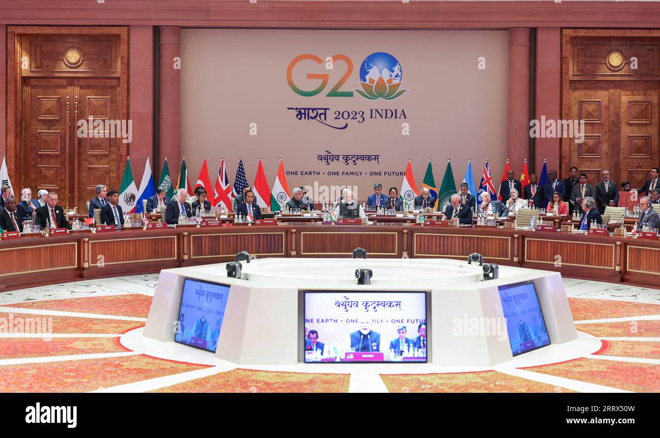 New Delhi, Indien. September 2023. Die Gruppe der Staats- und Regierungschefs der G20-Länder nimmt an der ersten Tagung des G20-Gipfels in Neu-Delhi, Indien, am Samstag, den 9. September, Teil. 2023. Foto: Press Information Bureau (PIB)/Credit: UPI/Alamy Live News Stockfoto