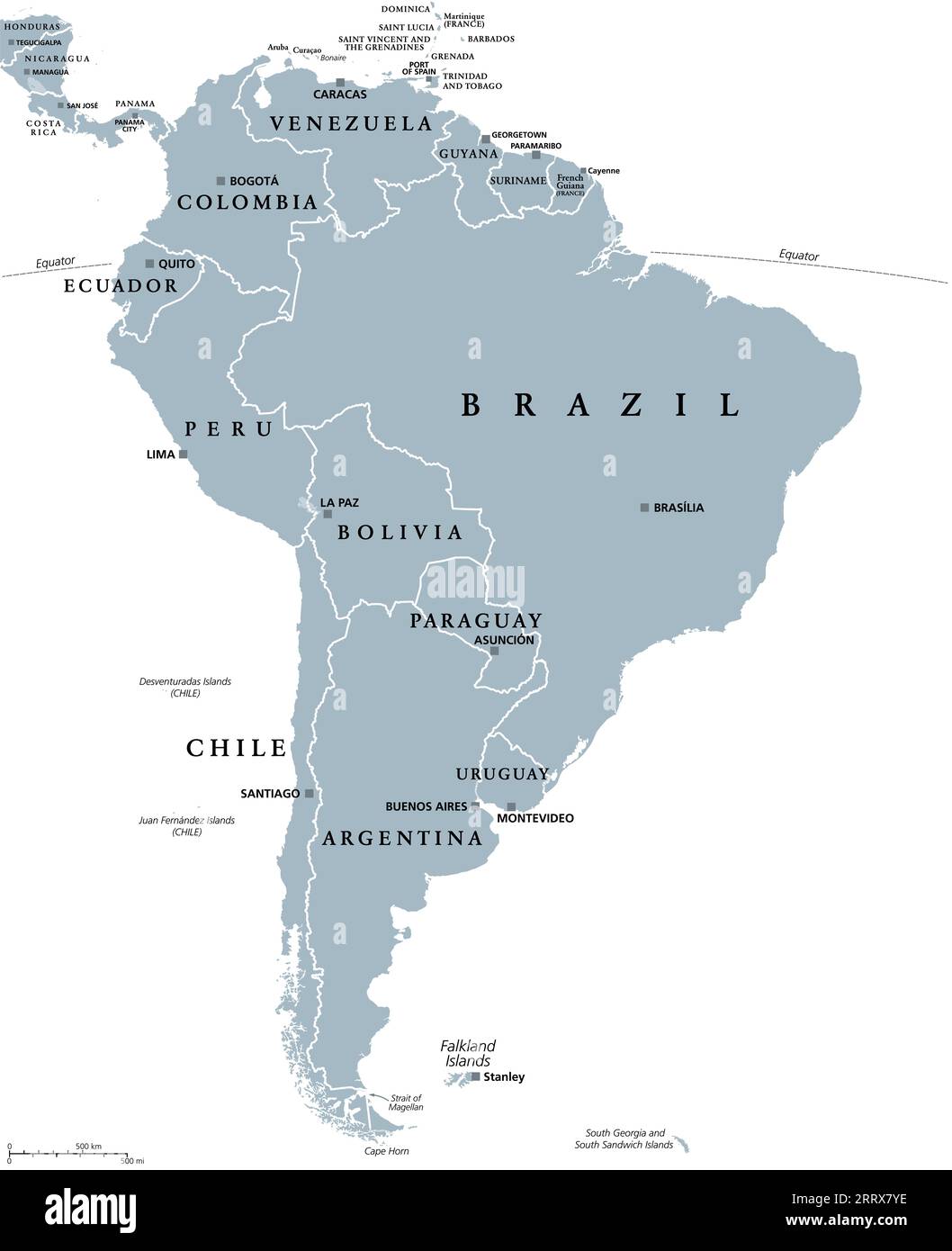 Südamerika, graue politische Landkarte mit internationalen Grenzen und Hauptstädten. Ein Kontinent, der vom Pazifik und Atlantik, Nordamerika usw. begrenzt wird Stockfoto