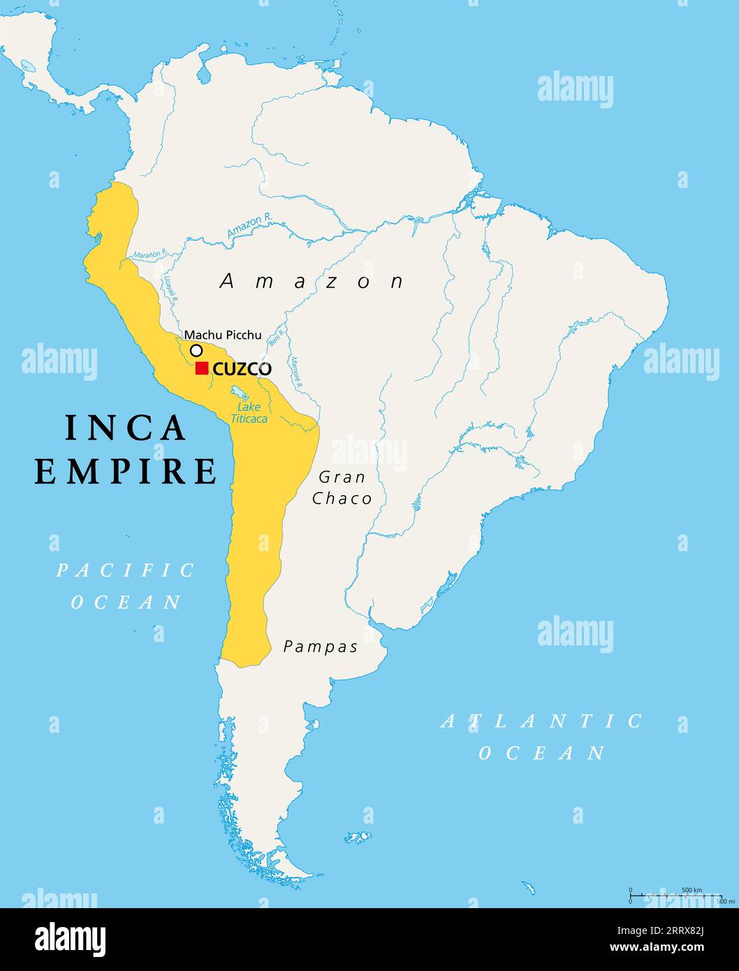 Das Inkareich in seinem größten Ausmaß, um 1525, politische Landkarte. Auch bekannt als Inka-Reich, mit der Hauptstadt Cusco. Auch Tawantinsuyu genannt. Stockfoto