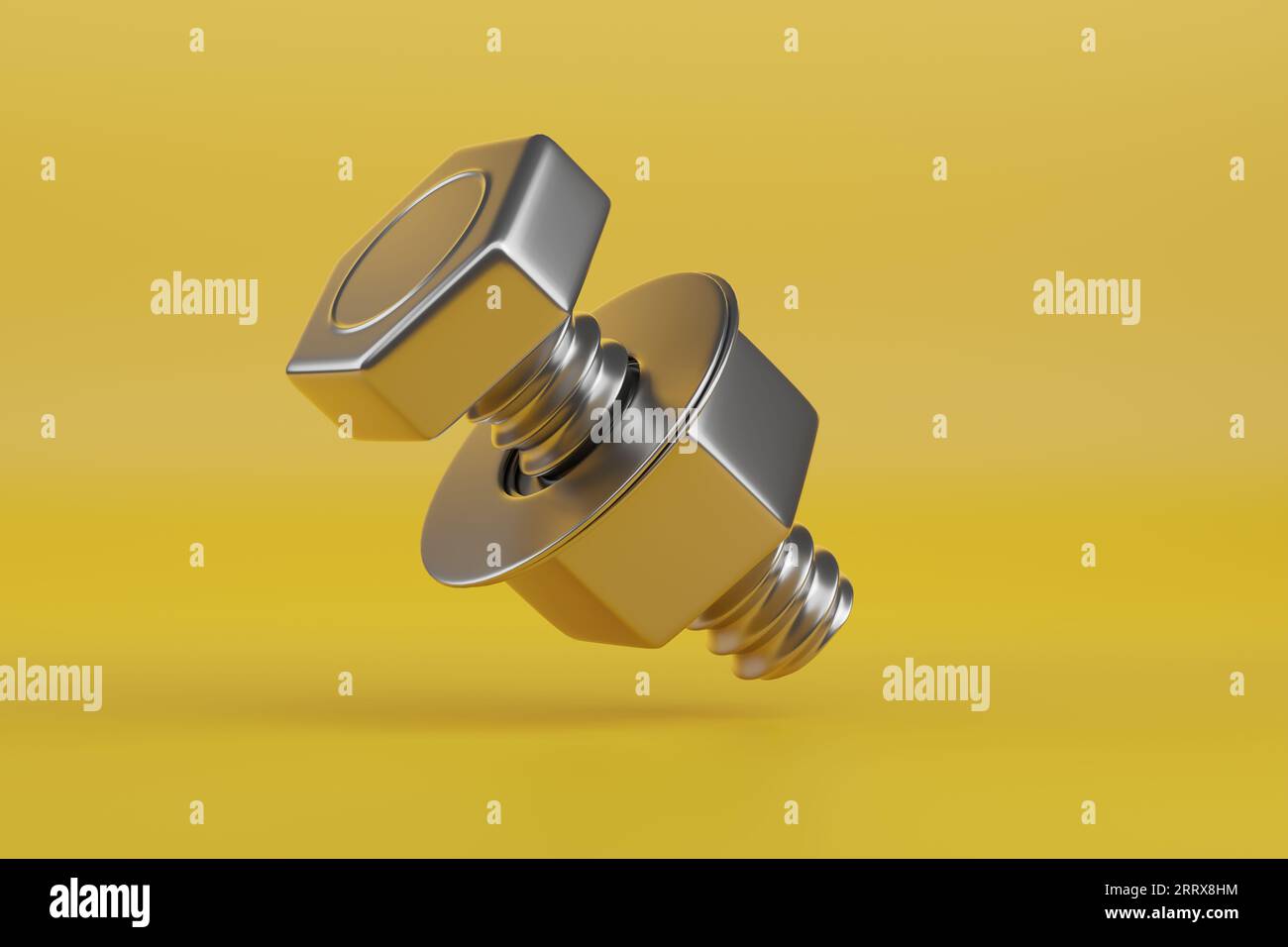 Schraube mit Mutter und Unterlegscheiben isoliert auf gelbem Hintergrund. 3D-Abbildung. Stockfoto