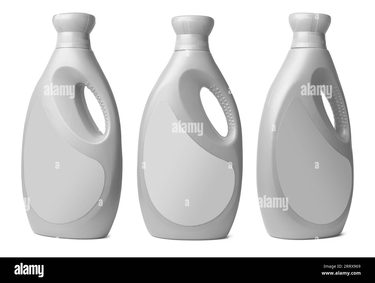Set aus chemischer Plastikflasche für den Haushalt mit Griff und leerem Etikett isoliert auf weißem Hintergrund, Flüssigwaschmittel oder Seife, Badreiniger, Wäsche Stockfoto