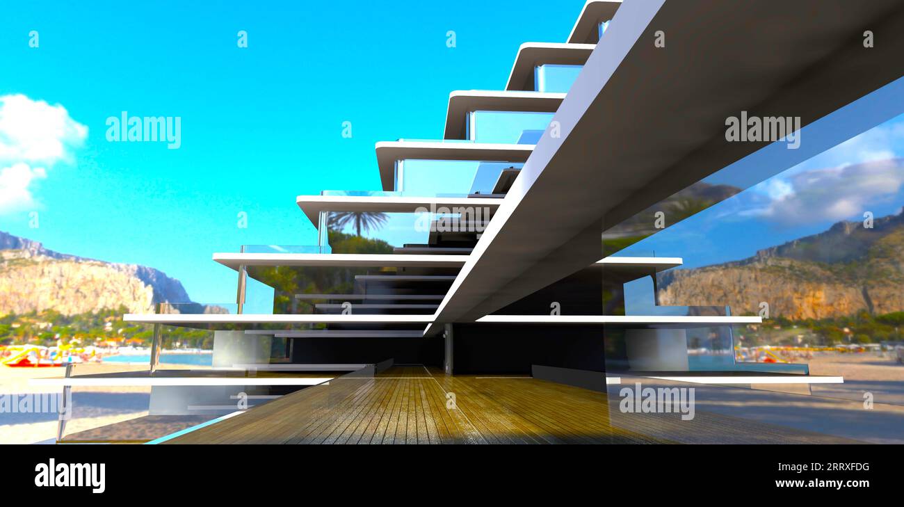 Neu gestaltetes 5-Sterne-Hotel mit eigenem Sandstrand in der Meeresbucht Thailands. Reflexion des Hochgesteins in der Glasfassade. 3D-Rendering. Stockfoto