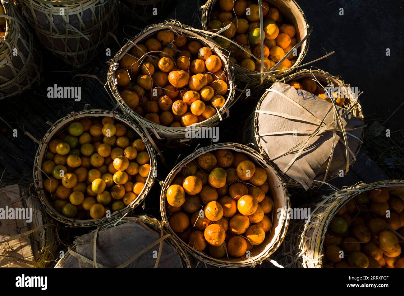 Frische Mandarinen, Früchte oder Mandarinen in Korbgeflecht aus Bambus zum Verkauf auf dem Zay Cho Market in Mandalay, Kontrastfoto mit dunklem Schatten Stockfoto