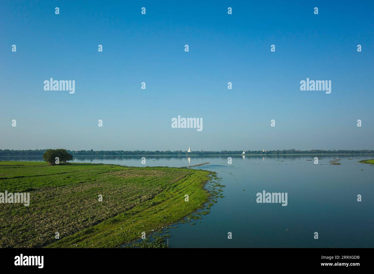 Green Field am Ufer des Taung Tha man Lake in Amarapura, Mandalay, Myanmar Stockfoto