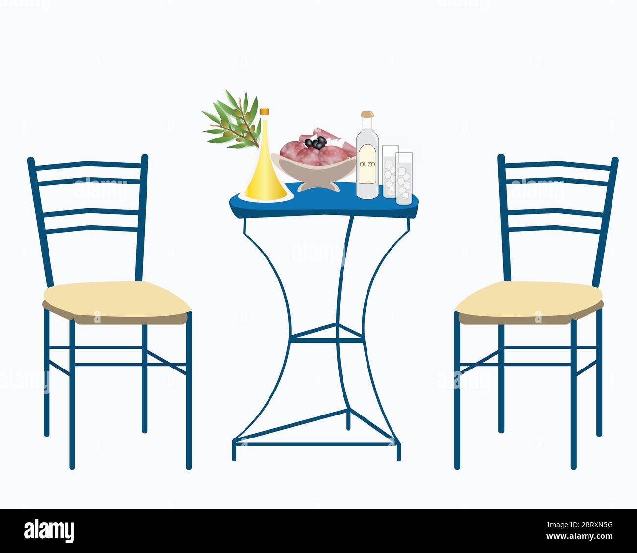 Vektor-Illustration eines traditionellen griechischen Hofes - Tisch und Stuhl mit Ouzo, Wurst und Olivenöl Stock Vektor