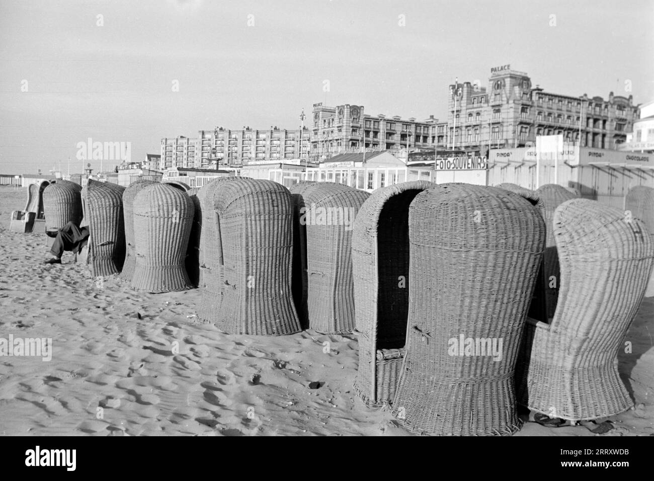 Strandkörbe am Strand von Scheveningen, Niederlande 1955. Liegestühle am Strand von Scheveningen, Niederlande 1955. Stockfoto