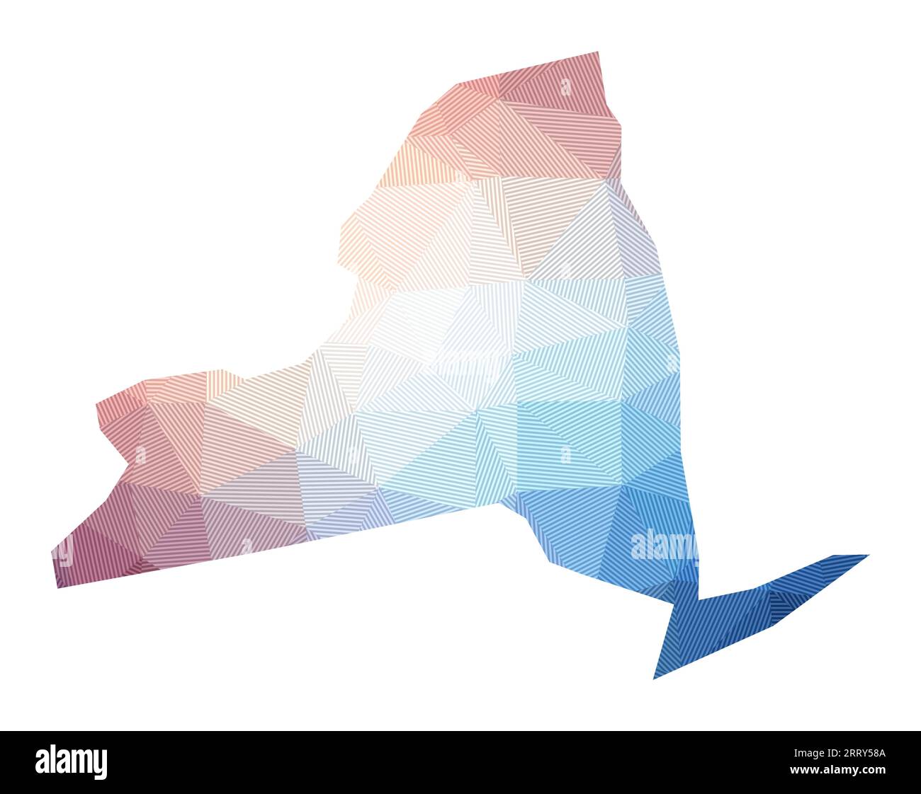 Karte von New York. Abbildung des US-Bundesstaates mit niedrigem Poly. Geometrisches Design mit Streifen. Technologie, Internet, Netzwerkkonzept. Vektorabbildung. Stock Vektor