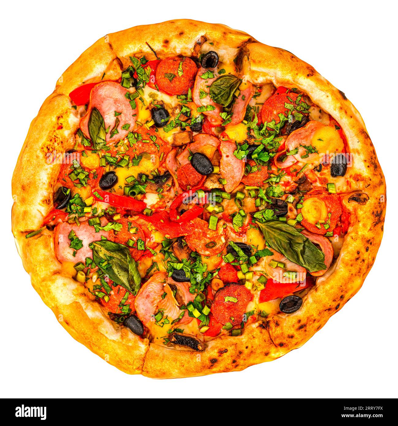 Pizza, Blick von oben. 3D-Rendering mit realistischer Textur, isoliert auf weißem Hintergrund Stockfoto