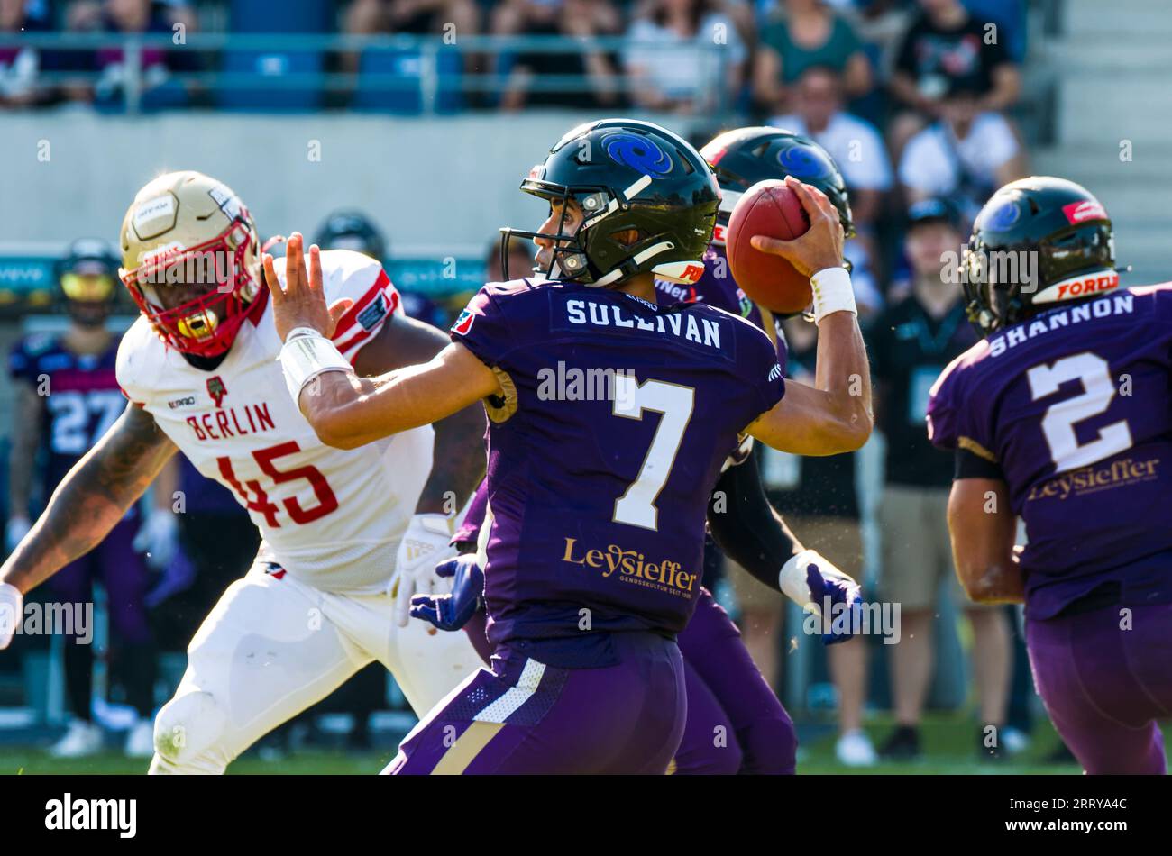 Frankfurt, Deutschland. September 2023. ELF/Playoff Game : Berlin Thunder in Frankfurt Galaxy am 09. September 2023, in der PSD Bank Arena, Frankfurt am Main, Deutschland, QB # 7 Jakeb Sullivan/ Frankfurt Galaxy Credit: Frank Baumert/Alamy Live News Stockfoto