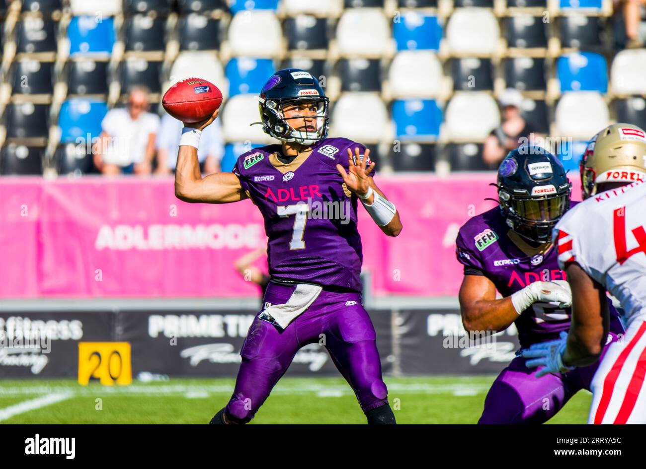 Frankfurt, Deutschland. September 2023. ELF/Playoff Game : Berlin Thunder in Frankfurt Galaxy am 09. September 2023, in der PSD Bank Arena, Frankfurt am Main, Deutschland, QB # 7 Jakeb Sullivan/ Frankfurt Galaxy Credit: Frank Baumert/Alamy Live News Stockfoto