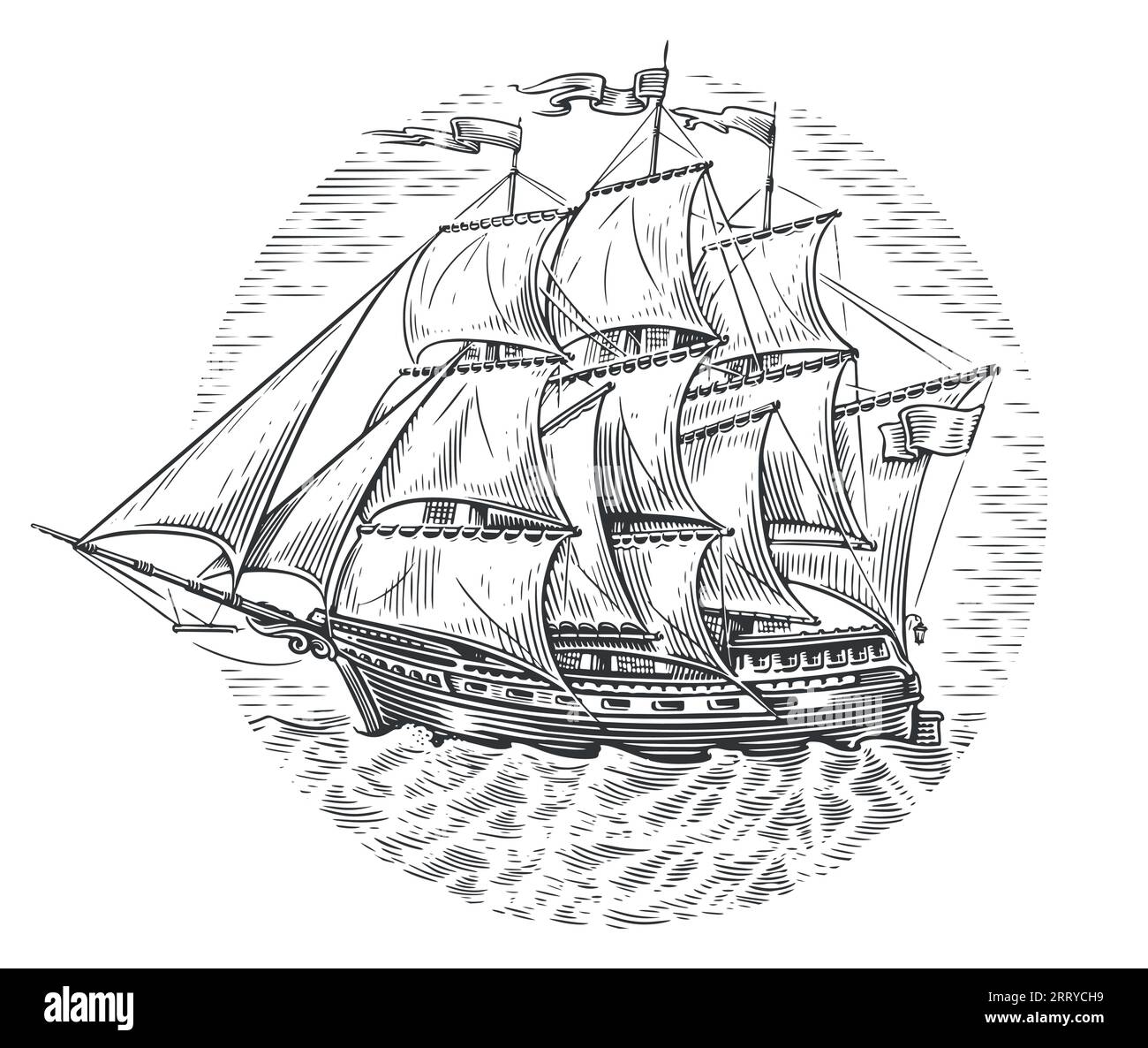 Schiff Fregatte Segelboot alte Skizze Hand gezeichnete Vektor-Illustration. Vintage-Gravur Stock Vektor