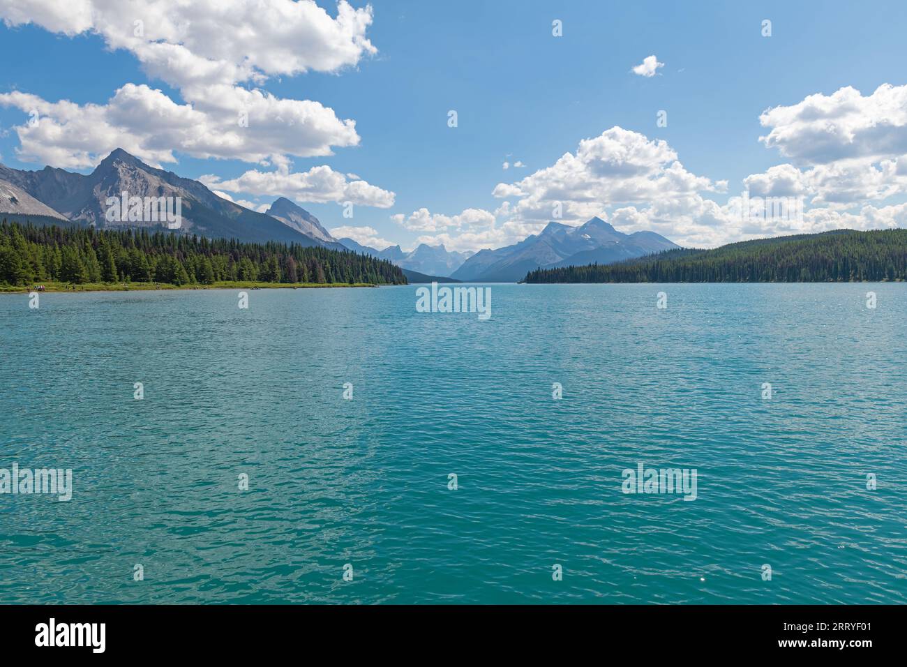 Maligne Lake im Sommer mit Kopierraum, Jasper-Nationalpark, Alberta, Kanada. Stockfoto