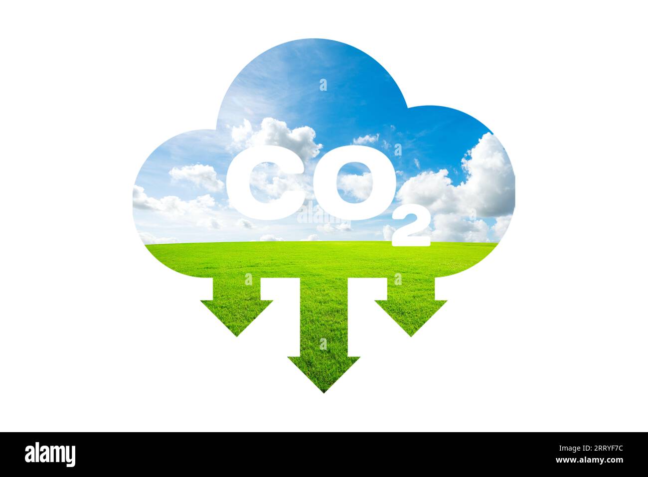 CO 2, Schild aus grünen Blättern und Wolken. Isoliert auf weißem Hintergrund. Emissionsreduktion. Niedrige Treibhausgasemissionen. Ökologie. Hintergrund. Stockfoto