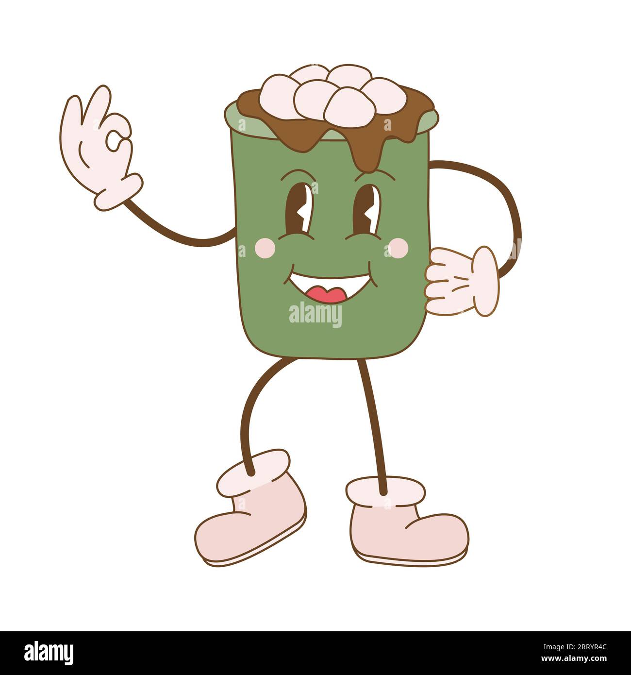 Grooviger Stil heiße Schokolade Tasse nette Zeichentrickfigur mit Gesicht, Armen und Beinen, zeigt ok Zeichen, Doodle Stil flache Vektor-Illustration Stock Vektor