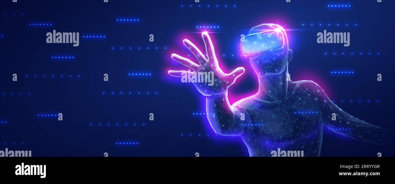 Ein Mann, der ein VR-Gerät für ein immersives virtuelles Erlebnis in einem Metaverse verwendet. Stock Vektor