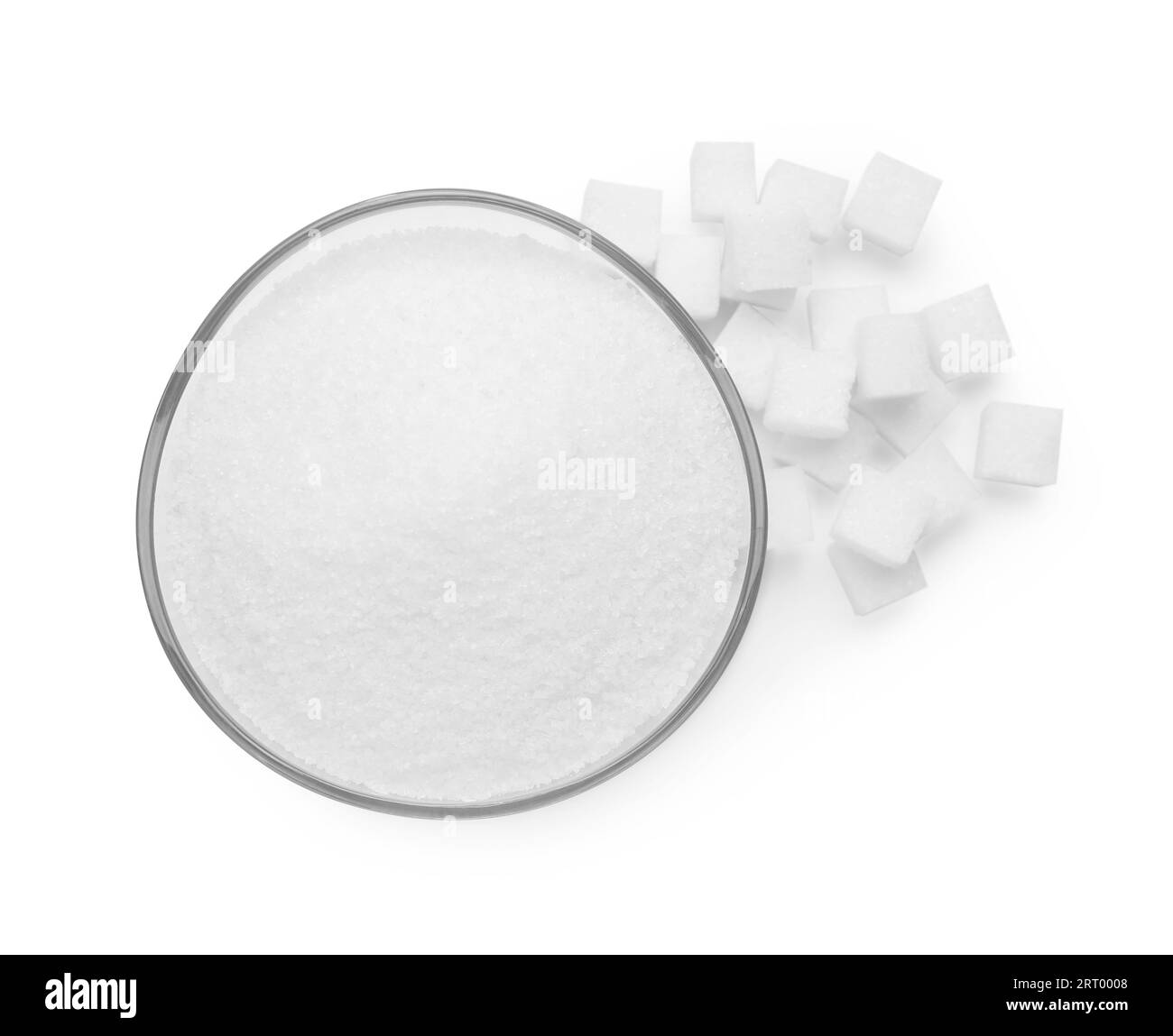 Verschiedene Zuckerarten isoliert auf weißem, Draufsicht Stockfoto