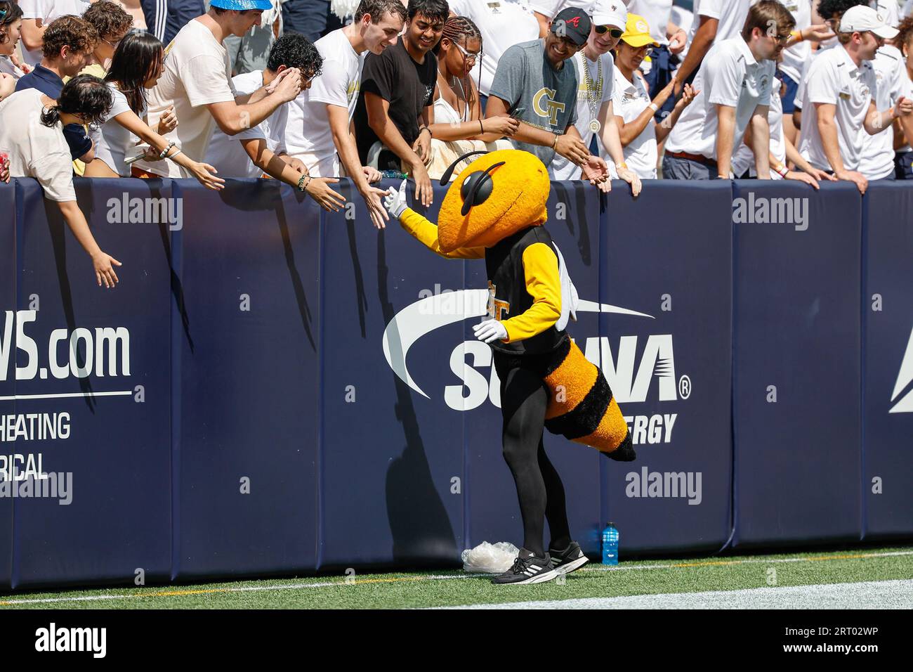 Atlanta, Georgia. September 2023. Das Georgia Tech Maskottchen Buzz interagiert mit den Fans während des NCAA-Fußballspiels mit den Georgia Tech Yellow Jackets und den South Carolina State Bulldogs, das im Bobby Dodd Stadium auf dem Campus der Georgia Tech in Atlanta, Georgia, gespielt wird. Cecil Copeland/CSM/Alamy Live News Stockfoto