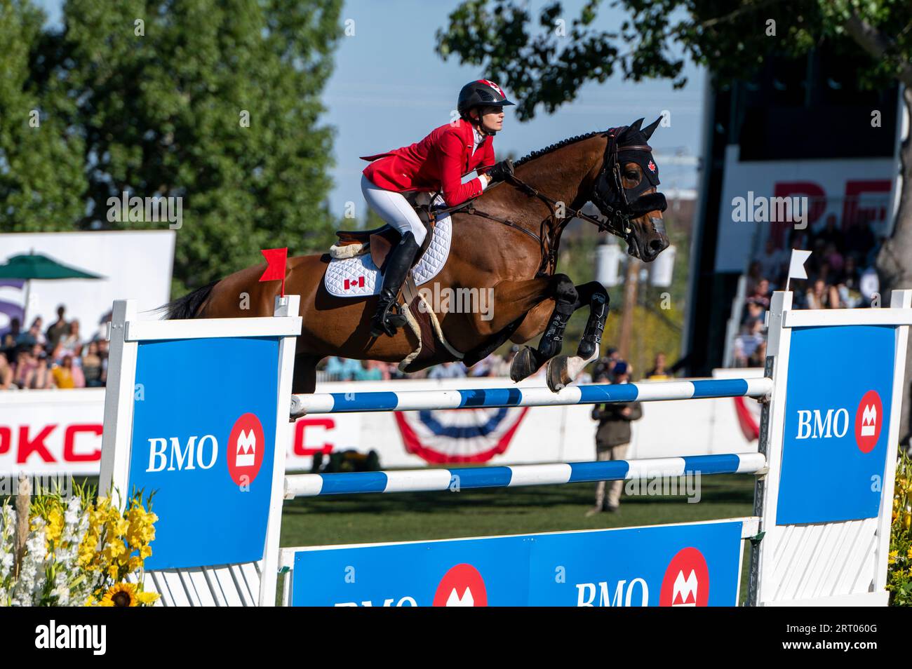 Calgary, Alberta, Kanada, 9. September 2023. Tiffany Foster (CAN) Riding Figor, Spruce Meadows - BMO Nations Cup, 2. Runde - Credit: Peter Llewellyn/Alamy Live News Stockfoto