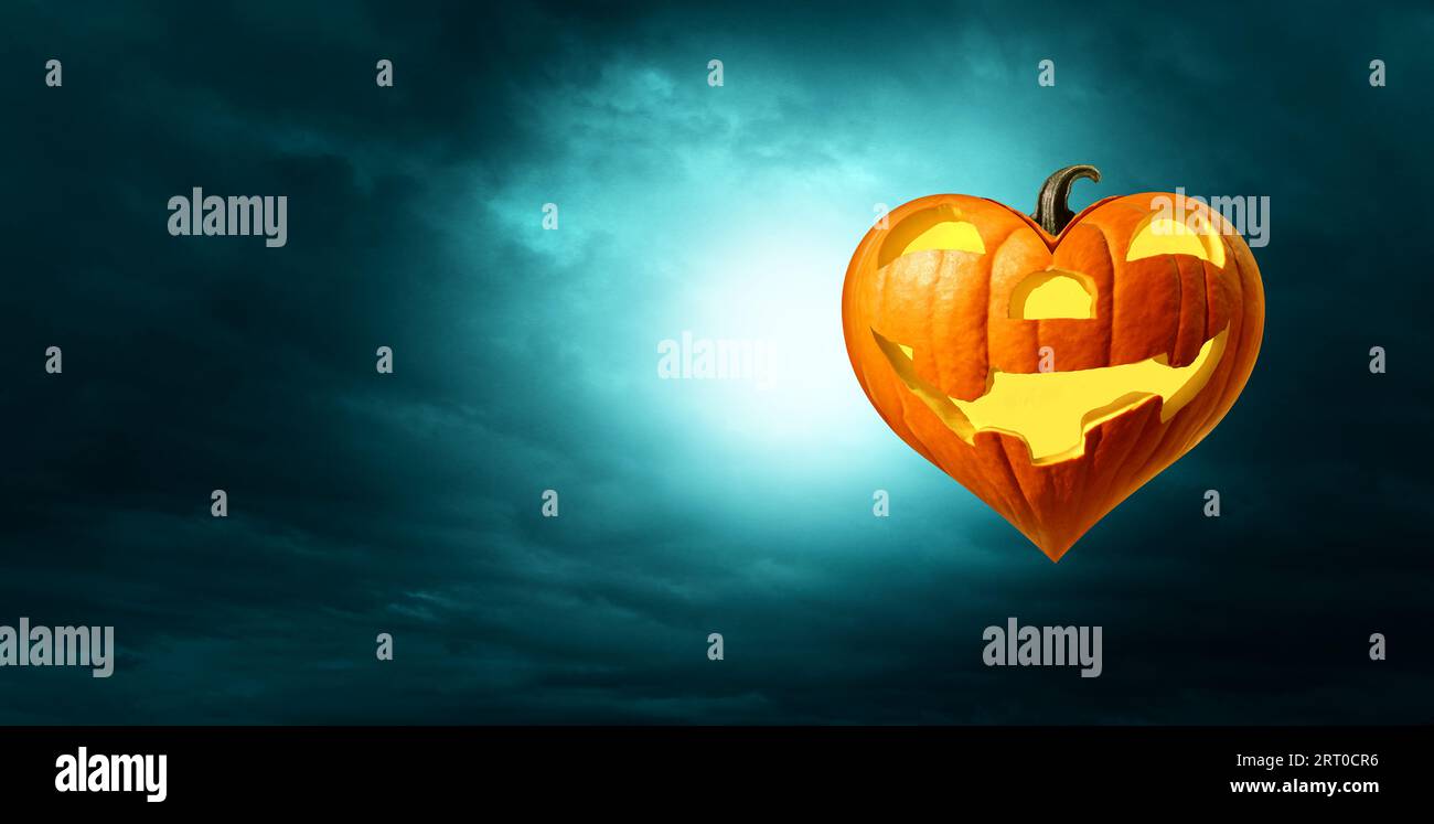 Halloween Spooky Halloween Love als geschnitzter Kürbis in Form eines Herzens als Jack-o-Laterne oder Jack-o-Laterne als Symbol für Herbstdating oder Herbst Stockfoto