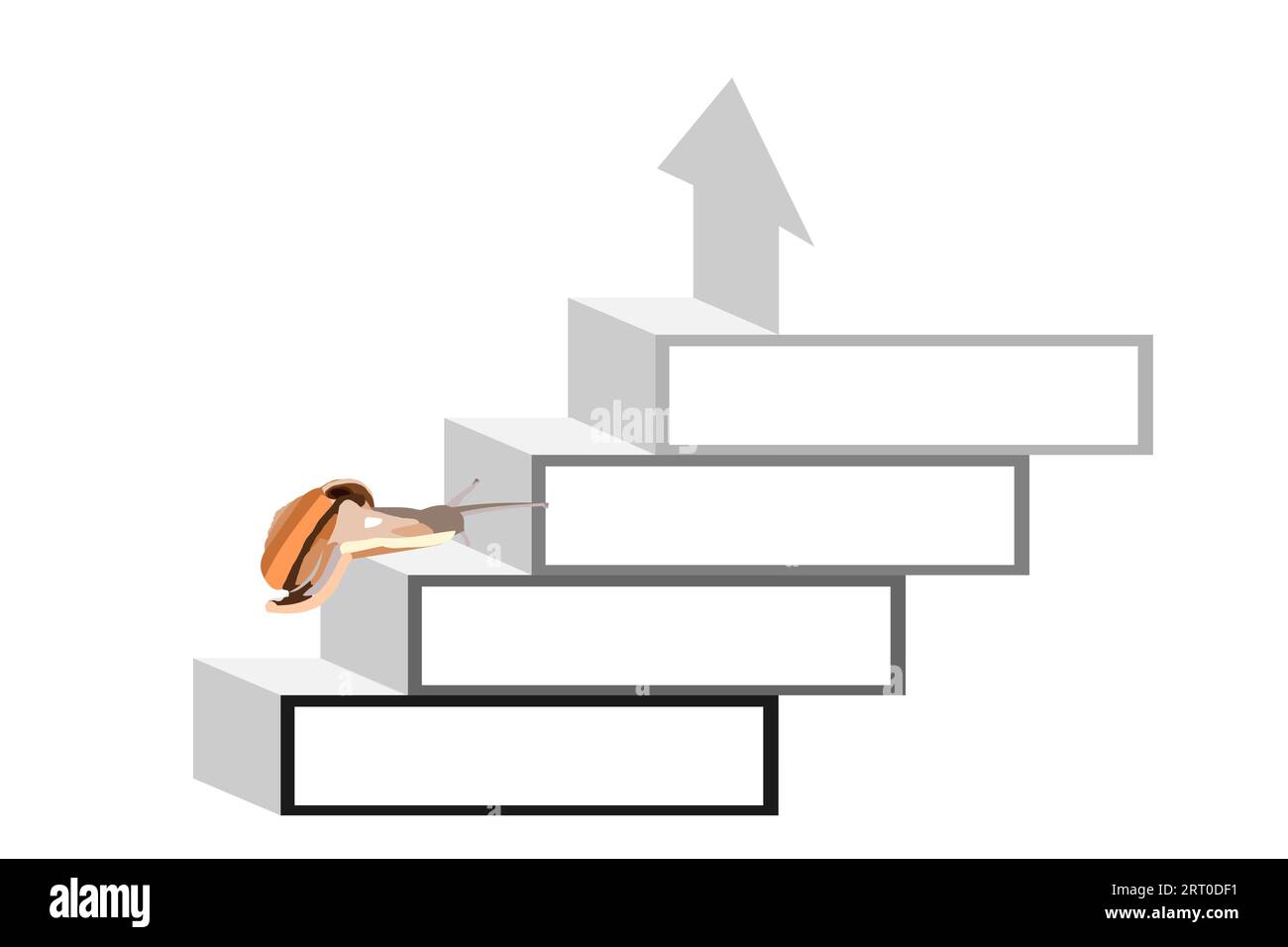 Pfeil mit Treppendesign Infografikschablone mit vier Schritten mit Banner für Präsentationstext, Schnecke auf Treppe zum Aufstieg zu Succes isoliert auf weiß Stock Vektor