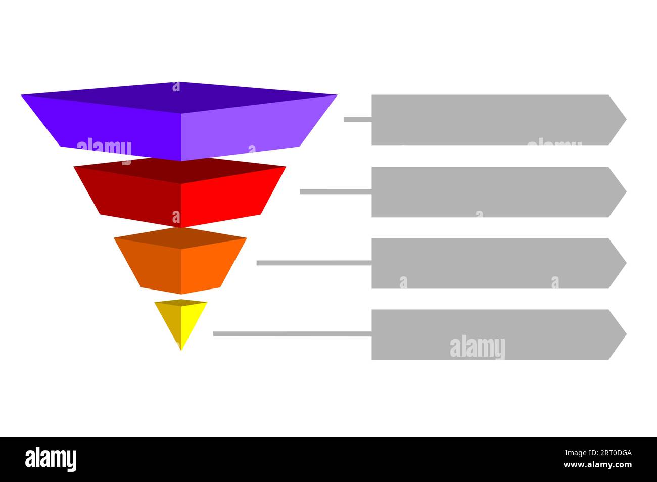 Infographische Illustration von Violett mit gelben Dreiecken mit orangefarbenen und roten Dreiecken und Platz für Text, umgekehrte Pyramidenform aus vier Ebenen Stock Vektor