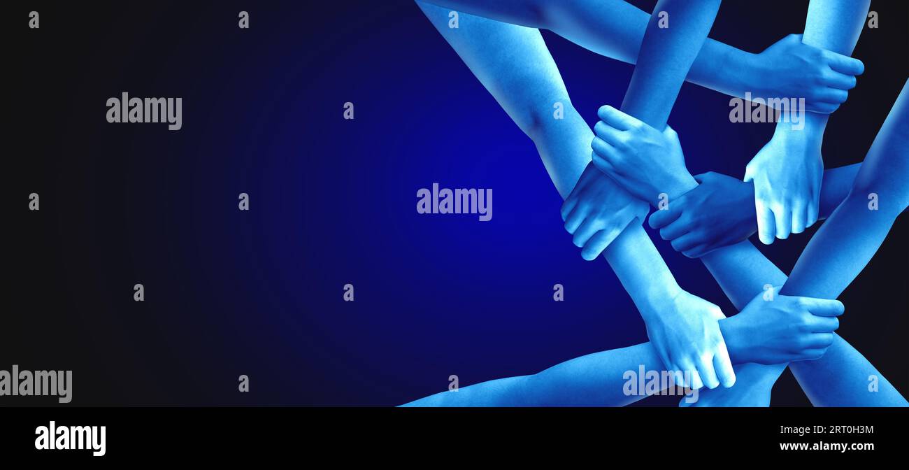 Business Unity und Teamwork in Unternehmen als eine Gruppe von verschiedenen Menschen, die die Arme zusammenhalten, als eine vielfältige Gesellschaft als starkes Team beigetreten und vereint ist Stockfoto