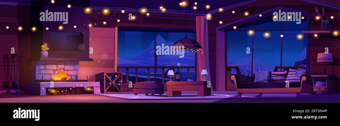 Nacht Winter Chalet Innenraum mit Kamin und Girlande Vektor Cartoon Illustration. Panorama-Apartment-Wohnzimmer mit Terrasse und dunkler Montierung Stock Vektor