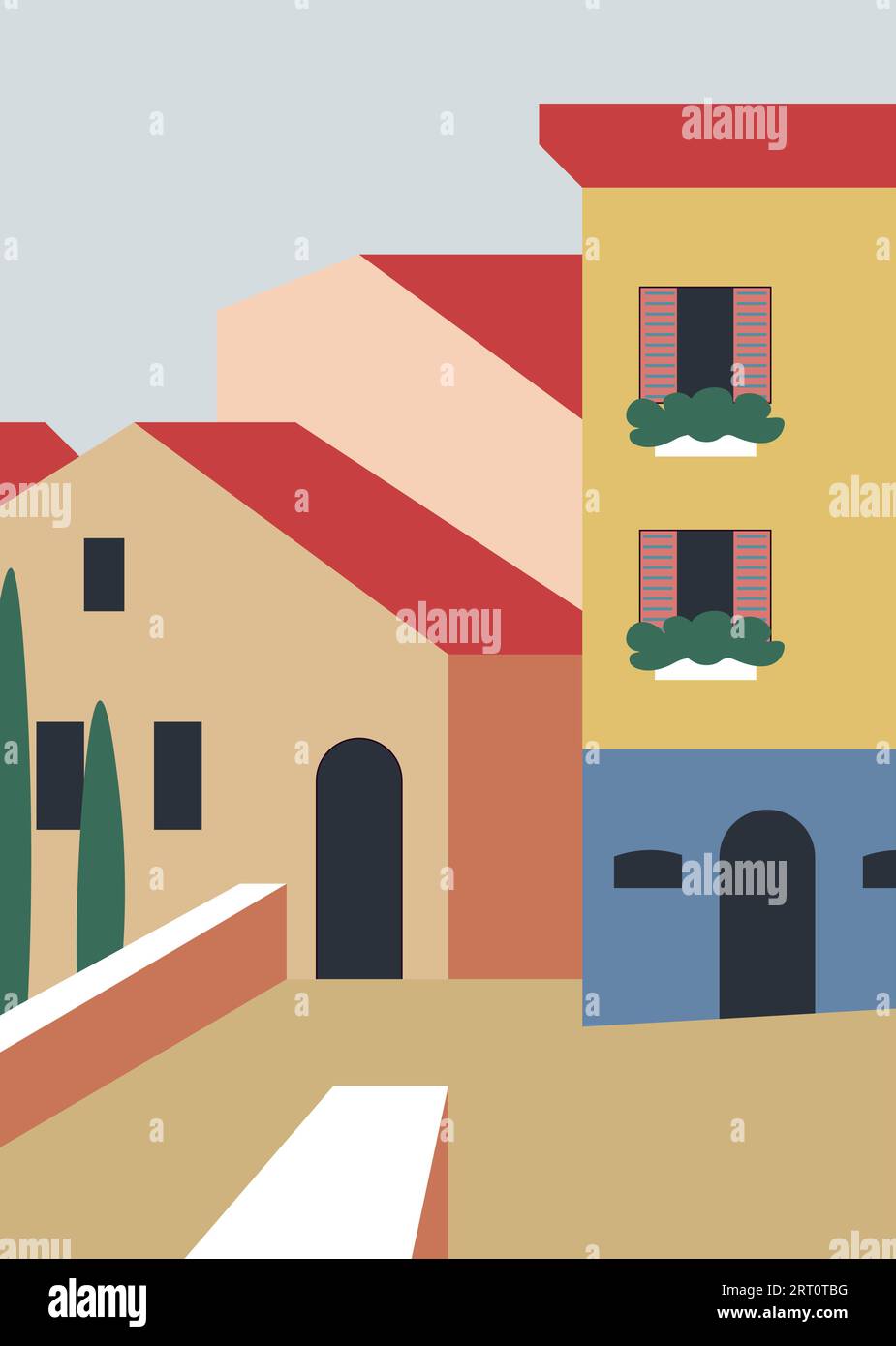 Italienische oder mediterrane Stadtlandschaft, Architektur der Straße mit Häusern und Gebäuden. Fenster mit Fensterbänken mit Blumen. Städte und Dörfer mit Flora A Stock Vektor