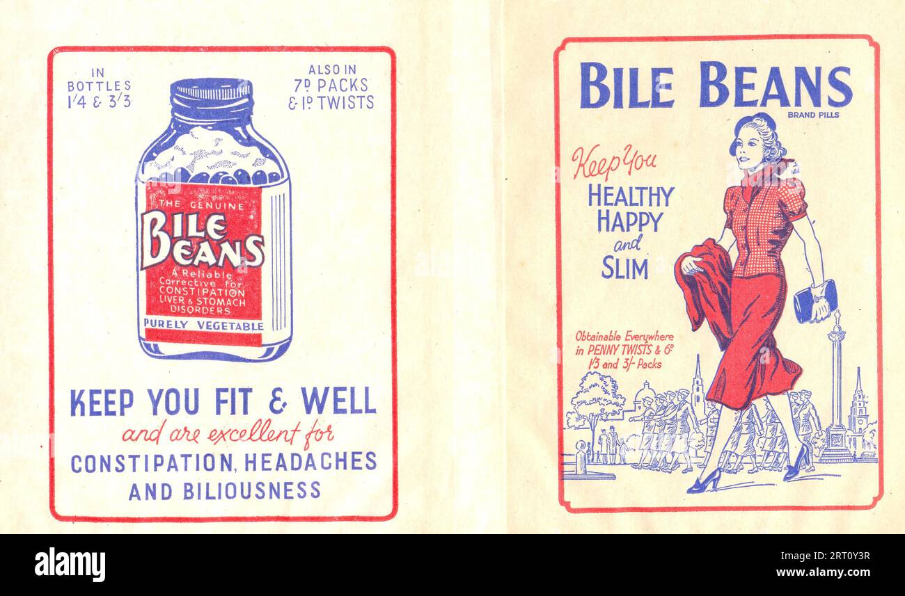 Papiertüte Werbung Gallenbohnen für innere Gesundheit & Schlankheit um 1939 Stockfoto