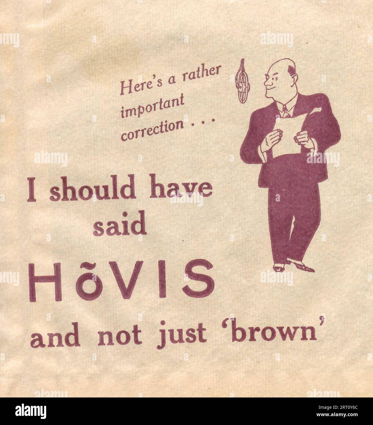 Werbepapiertasche für Hovis zeigt Radiosprecher am Mikrofon der 1930er Stockfoto