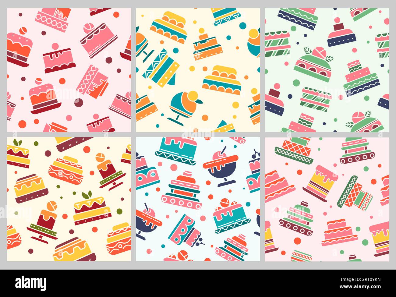 Dekoratives Set mit süßem Kuchen. Bunte flache Konditoreielemente an der Hintergrunddekorationssammlung, Vektorillustration. S Stock Vektor
