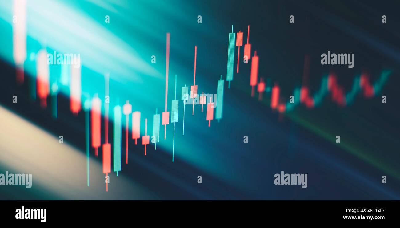 Holographisches Diagramm auf dem Tisch mit Computerhintergrund. Konzept des Finanzsektors Stockfoto