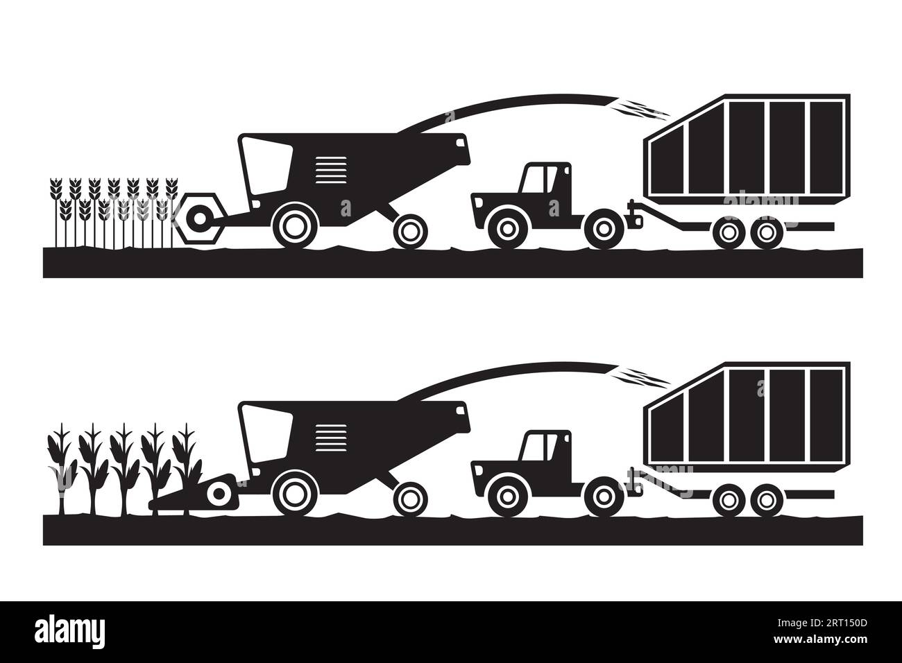 Mähdrescher und Traktor auf Weizen- und Maisfeldern – Vektorillustration Stock Vektor