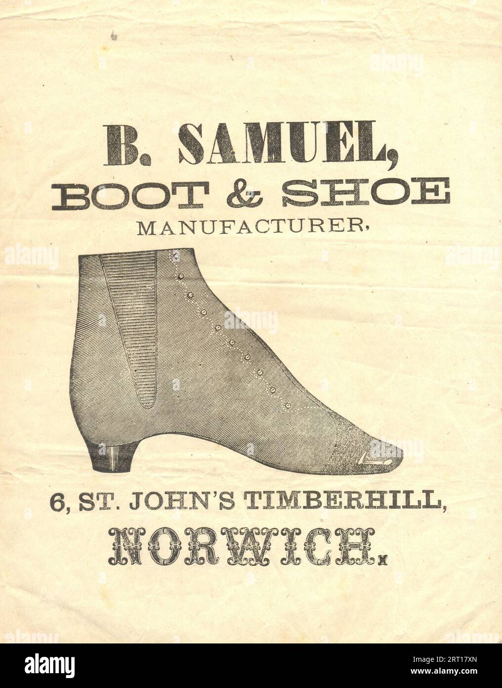 Papiertüte Werbung B Samuel, Schuh- und Schuhhersteller, 6 St John's Timberhill, Norwich [Norfolk] um 1864 Stockfoto