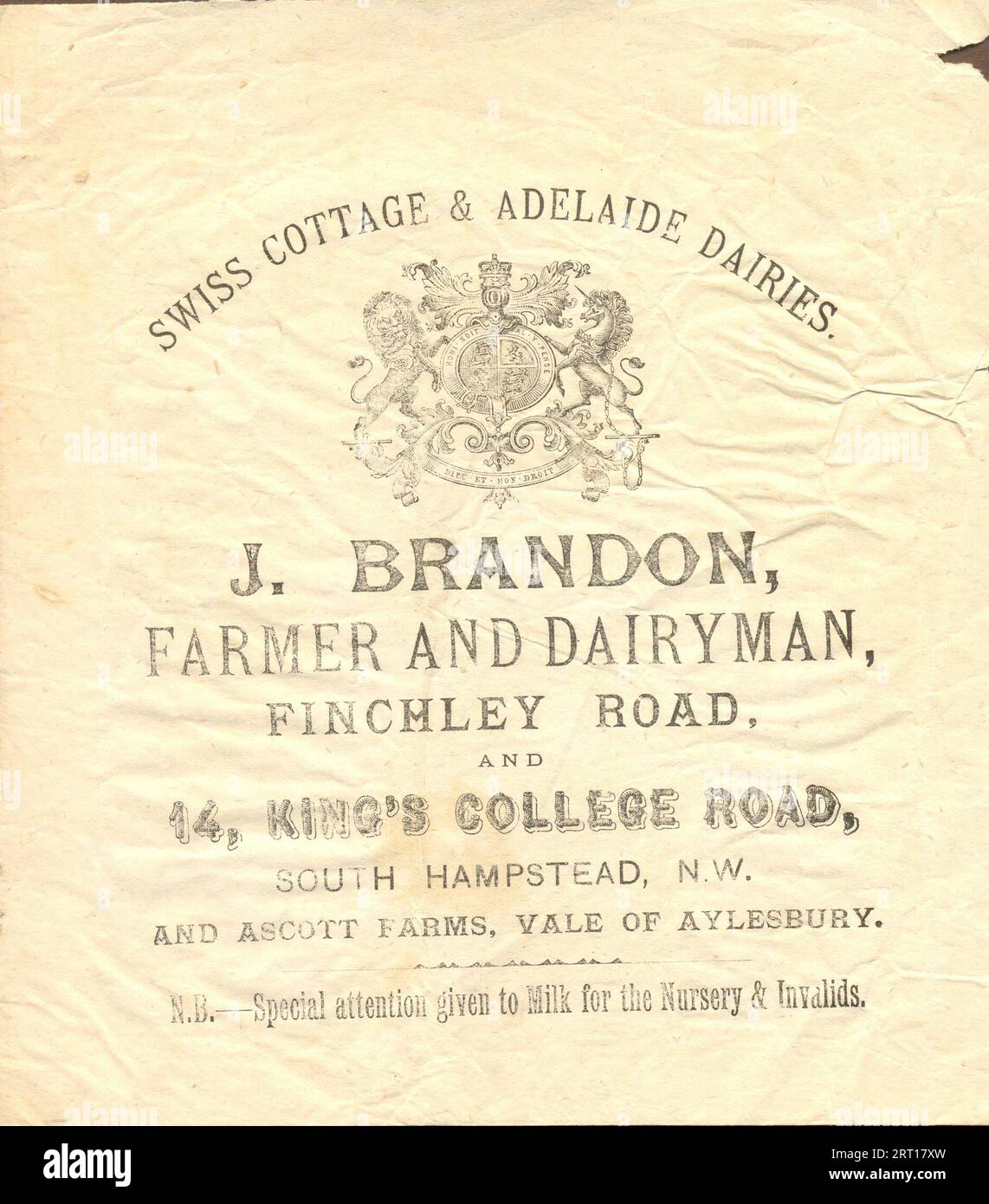 Papiertütenwerbung für Swiss Cottage & Adelaide Dairies, J Brandon, Farmer and Dairyman, Finchley Road und 14 King's College Road, South Hampstead, N.W. um 1885 Stockfoto