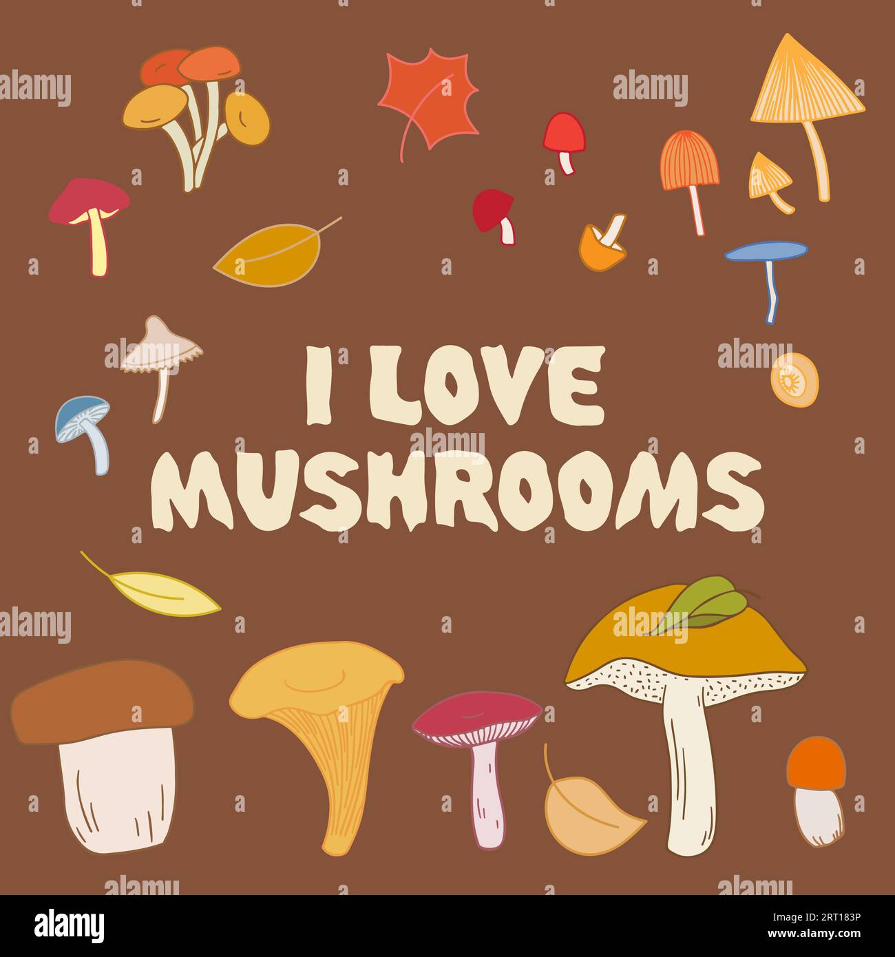 Ich liebe Pilze von Hand gezeichneter Warp-Text und Pilze-Illustration. Stock Vektor