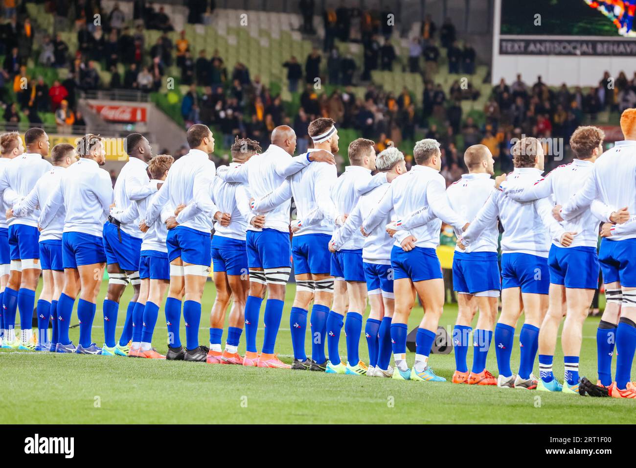 MELBOURNE, AUSTRALIEN, 13. JULI 2021: Nationale Hymnen vor dem internationalen Testspiel zwischen den Australian Wallabies und Frankreich im AAMI Park On Stockfoto