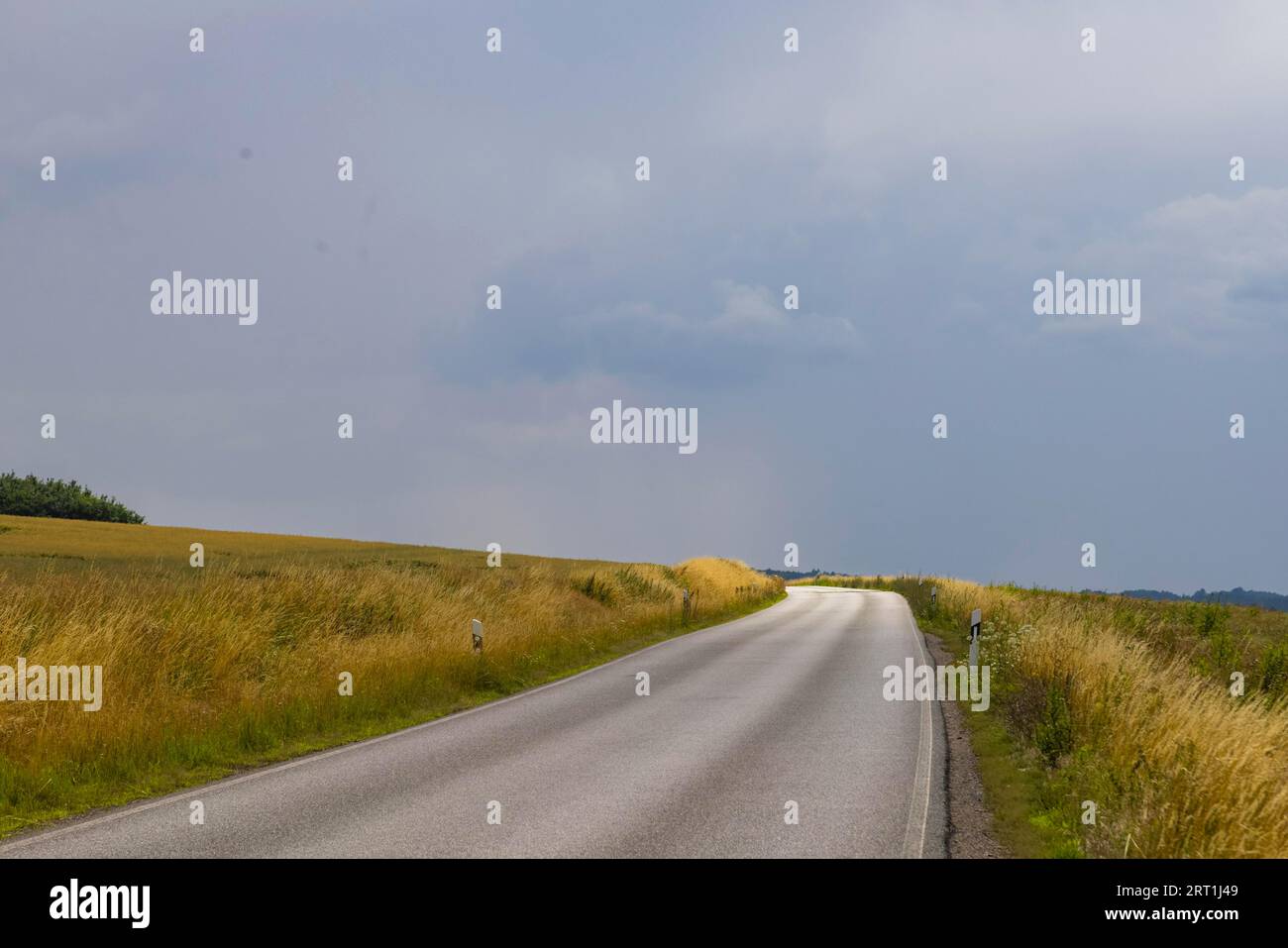 Regenwolken über Feldern in Babisnauch am Stadtrand von Dresden fällt ein Sonnenstrahl auf eine Landstraße Stockfoto