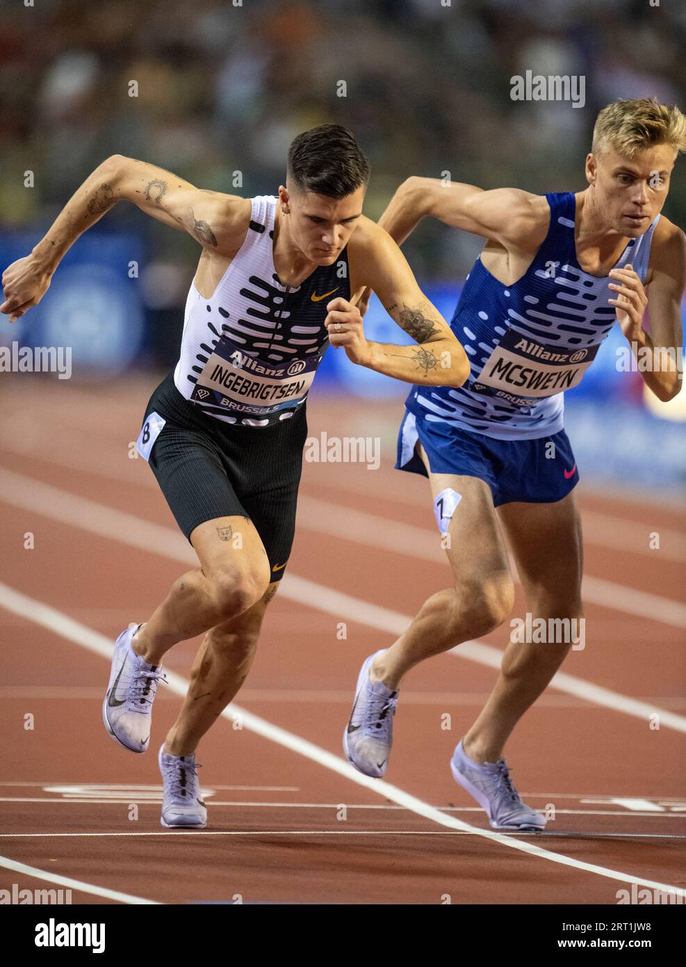 Jakob Ingebrigtsen aus Norwegen brach den 24-jährigen 2000m-Weltrekord im Allianz Memorial Van Damme im King Baudouin Stadium, Brüssel auf der Stockfoto