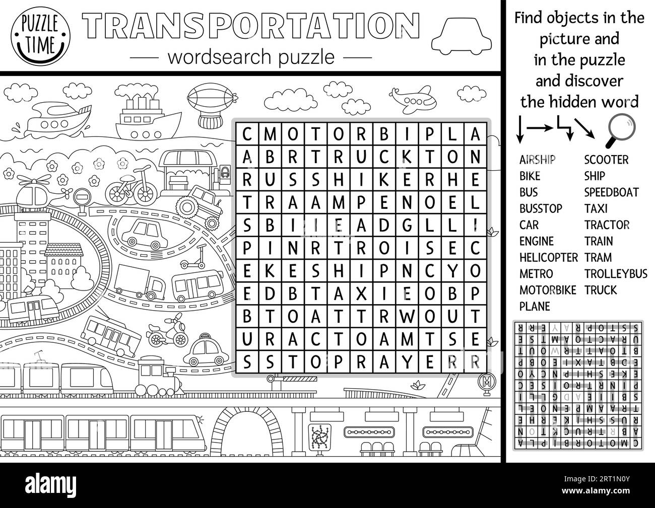 Vector Transport Wordsearch schwarz-weiß Puzzle für Kinder. Quiz zur Suche nach einfachen Zeilenwörtern in der Stadtlandschaft. Pädagogische Aktivität mit Flugzeug, s Stock Vektor