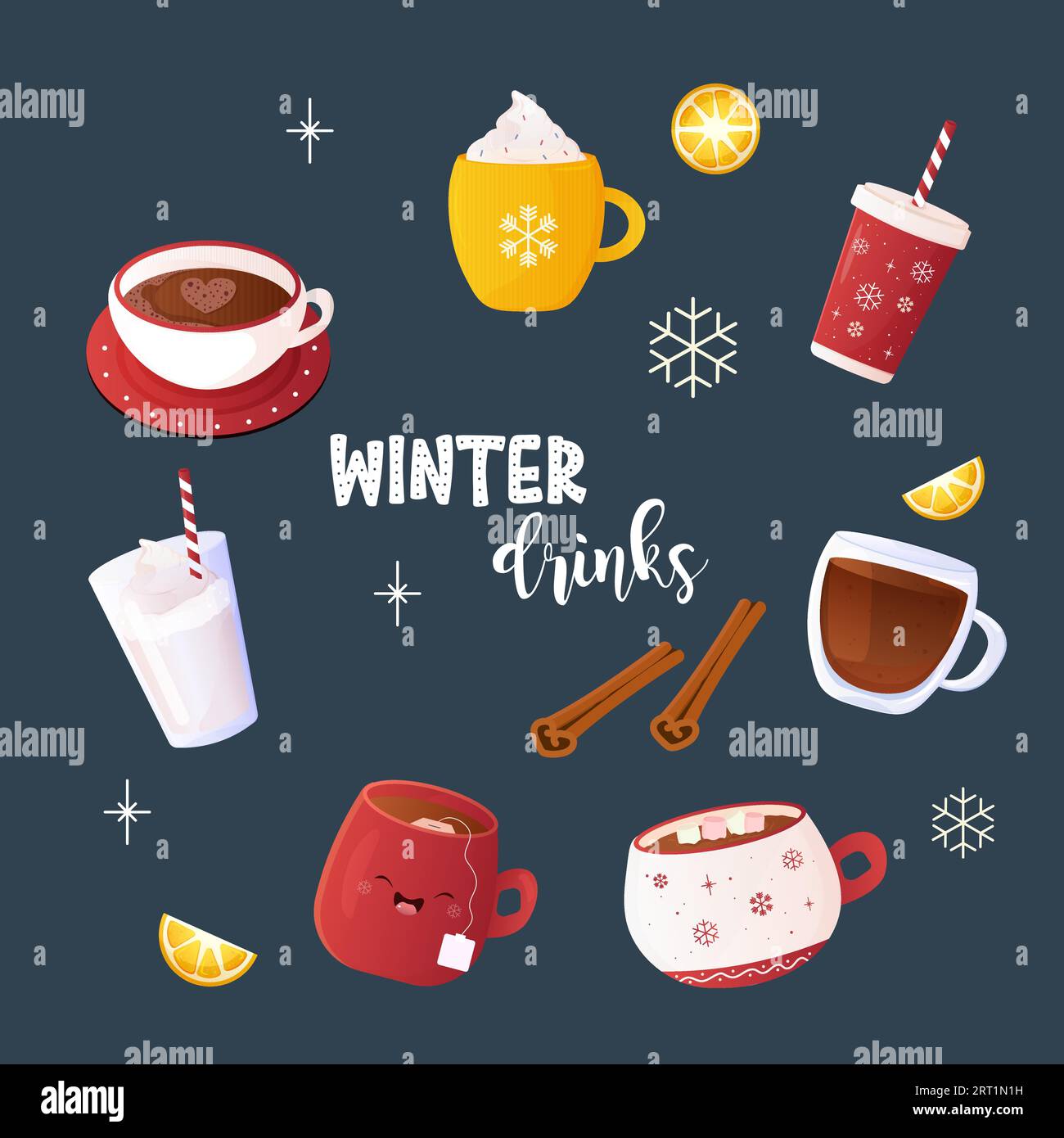Wintergetränke, Tee, Kaffee, Set, Clip Art, Glühwein, Mursmallow und Vektor-Illustration Stock Vektor