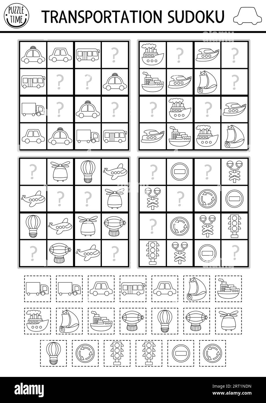 Vector Transport Sudoku schwarz-weiß Puzzle für Kinder. Einfaches Transport-Quiz mit Schnitt- und Leimelementen. Bildungsaktivität oder Ausmalseite wi Stock Vektor