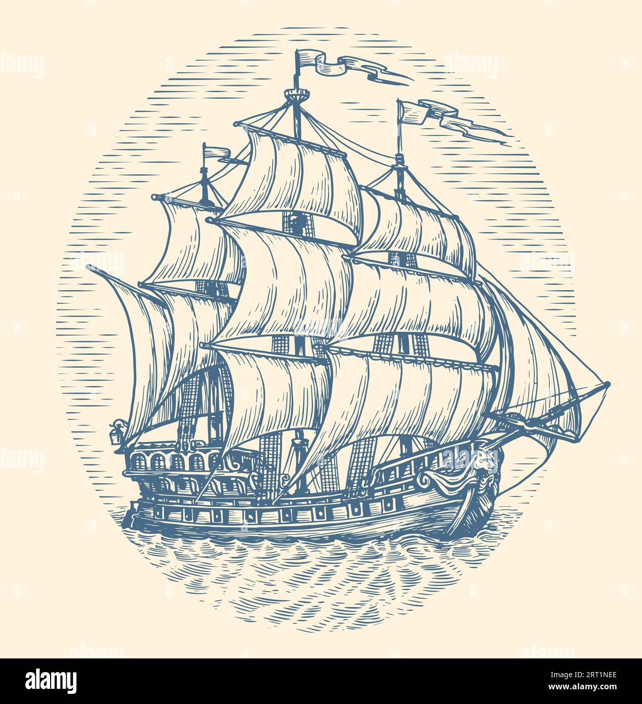 Handgezeichnete alte Skizze eines Schiffs mit Fregattsegler. Vektorillustration im Vintage-Gravurstil Stock Vektor
