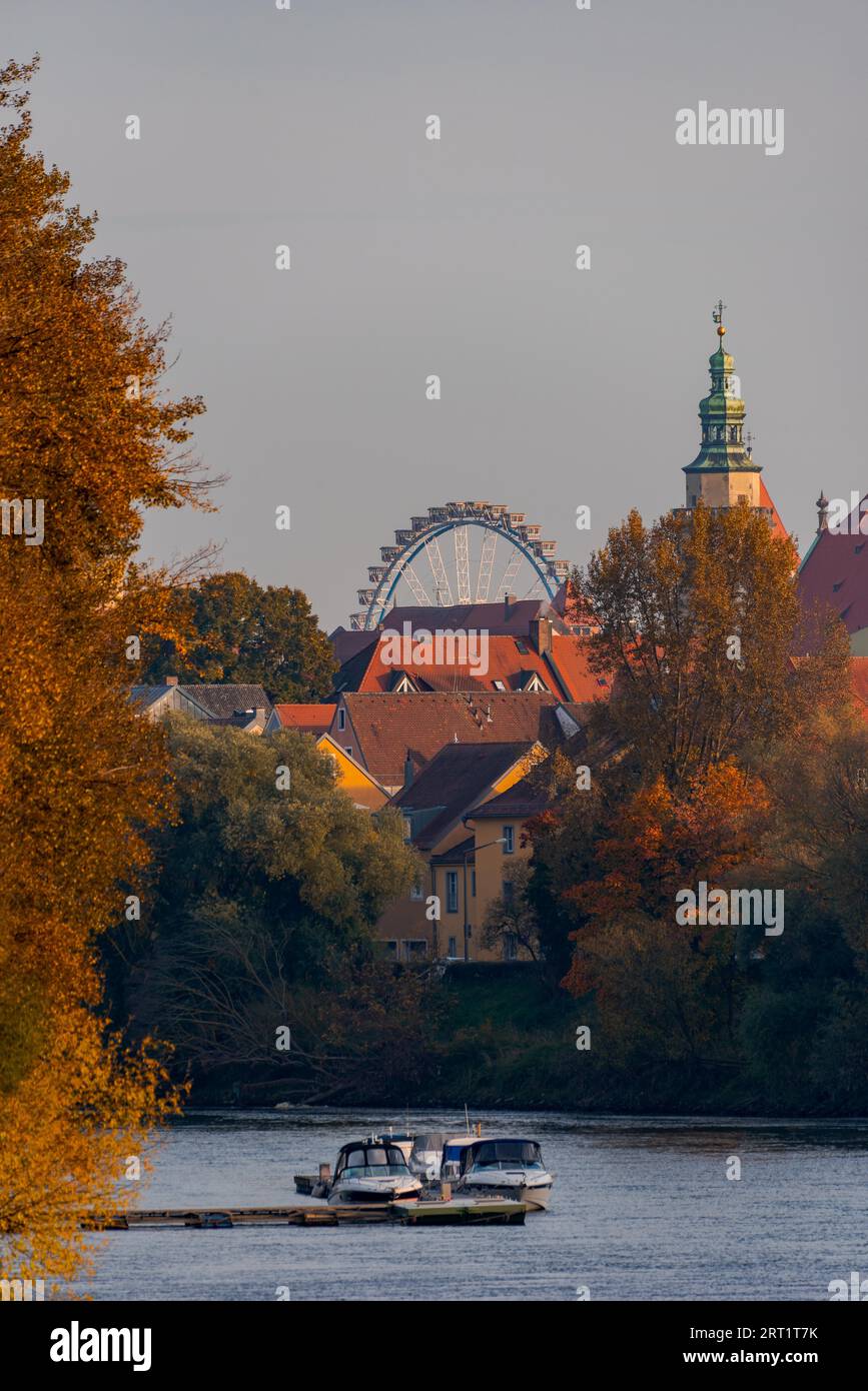 Blick über den Fluss mit Sportbooten und bunten Herbstbäumen Mit Altstadt von Regensburg mit Riesenrad im Hintergrund n warmer sonniger oktobertag Stockfoto