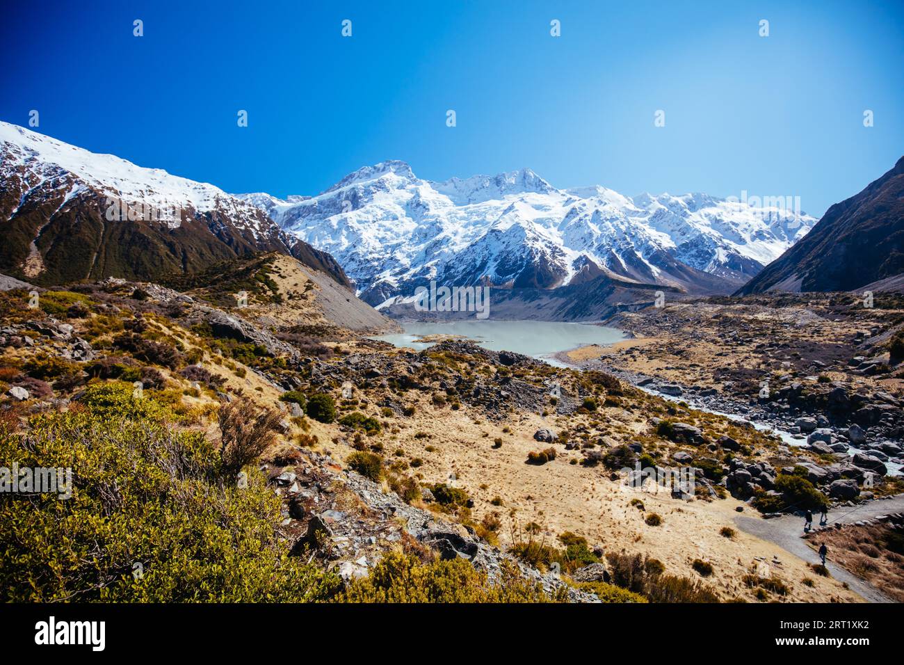 Die legendäre halbtägige Hooker Valley Track-Wanderung am Mt Cook in Neuseeland. Das sind Lake Mueller und Mt Sefton Stockfoto