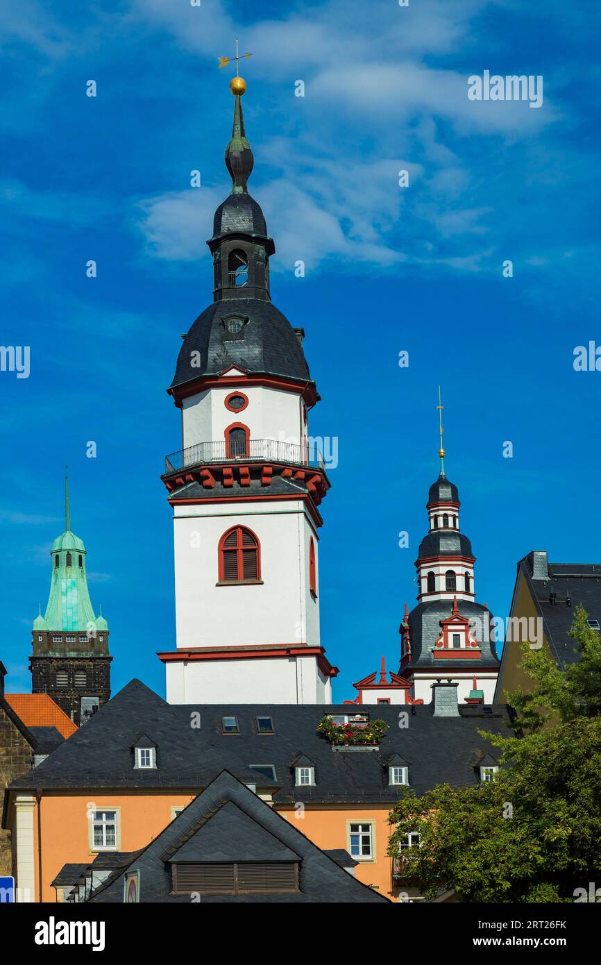 Jacobi-Kirchturm, Turm des Neuen Rathauses, Hochturm und Uhrturm des Alten Rathauses Stockfoto