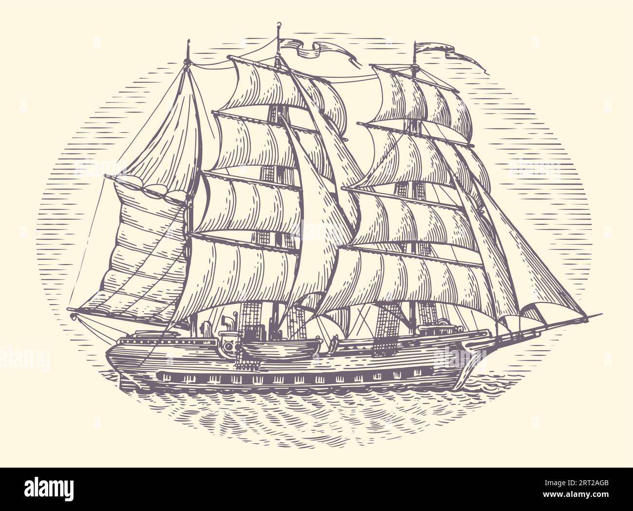 Vintage-Segelschiff im Meer im Gravurstil. Altes Segelboot mit Segeln. Handgezeichnete Skizzenvektorillustration Stock Vektor